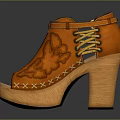Orange Leather High Heel Shoes With Embroidered Floral Patterns And Block Heel Design