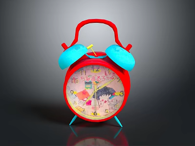 Vibrant Red Alarm Clock with Blue Bells and Cartoon Patterns on Dial 3d model