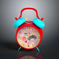 Vibrant Red Alarm Clock with Blue Bells and Cartoon Patterns on Dial