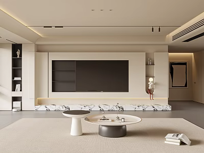 Modern Living Room Interior With TV Unit Shelves And Coffee Tables 3d model