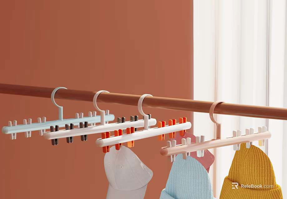 Colorful Clothes Hangers Organize Socks And Hats On Hanging Rod 3d model 