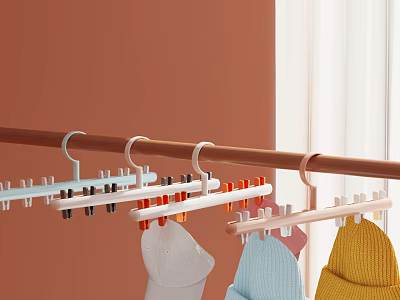 Colorful Clothes Hangers Organize Socks And Hats On Hanging Rod 3d model
