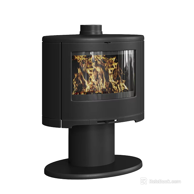 Sleek Modern Black Stove With Glass Door And Burning Flames View Design 3d model 