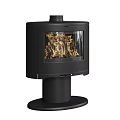 Sleek Modern Black Stove With Glass Door And Burning Flames View Design