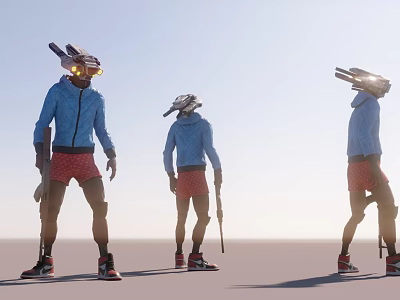 Game Movie Characters in Blue Jackets Red Shorts with Mechanical Helmets Holding Guns 3d model