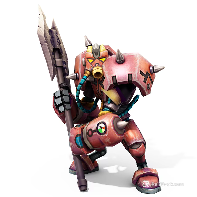 Futuristic Game Movie Character In Red Mechanical Armor With Spiked Spear Yellow Mask Green Eye 3d model 