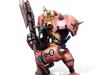 Futuristic Game Movie Character In Red Mechanical Armor With Spiked Spear Yellow Mask Green Eye 3d model
