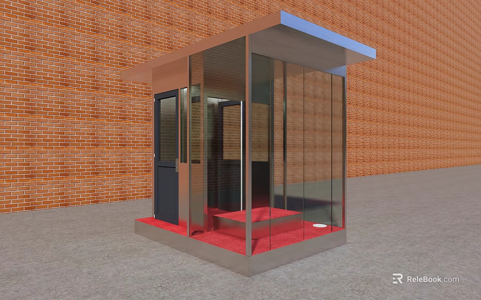 Modern Glass And Metal Security Booth With Red Floor And Brick Wall Background 3d model 