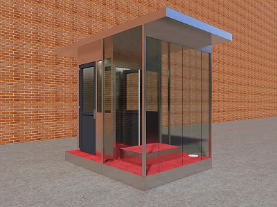 Modern Glass And Metal Security Booth With Red Floor And Brick Wall Background 3d model