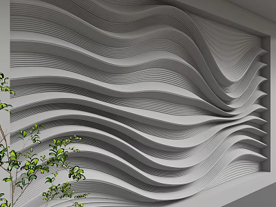 White Background Wall With Wavy Texture And Green Plants Beside 3d model