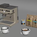 Coffee Machine Display With Light Dark Roast Bags Coffee Cups And Small Jar