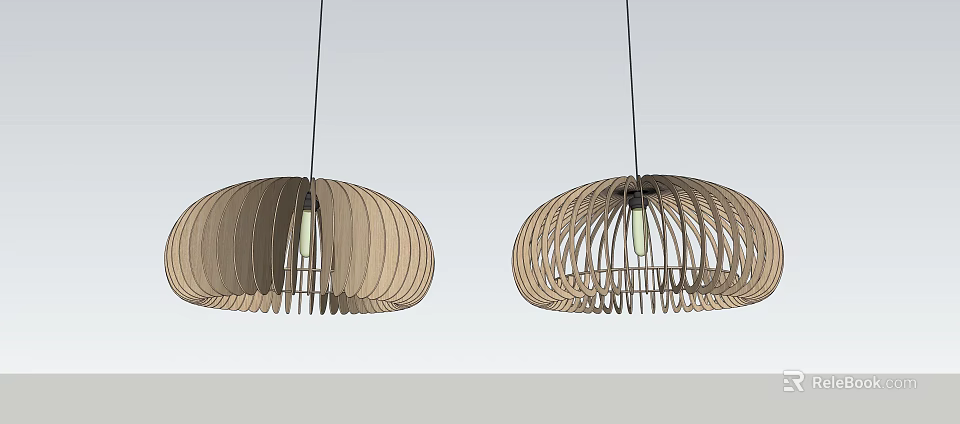 Modern Wooden Pendant Lights With Striped Umbrella Shape Translucent Structure And Hanging Design 3d model 
