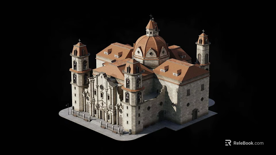 Classical Detached Villa with Brown Roofs Domes and Towers Stone Walls Arched Windows 3d model 