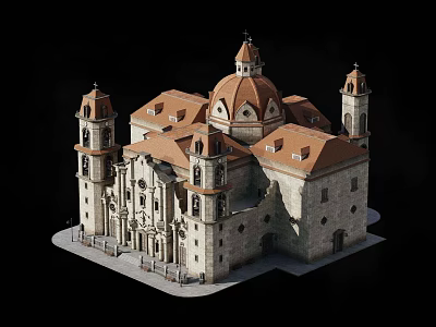 Classical Detached Villa with Brown Roofs Domes and Towers Stone Walls Arched Windows 3d model