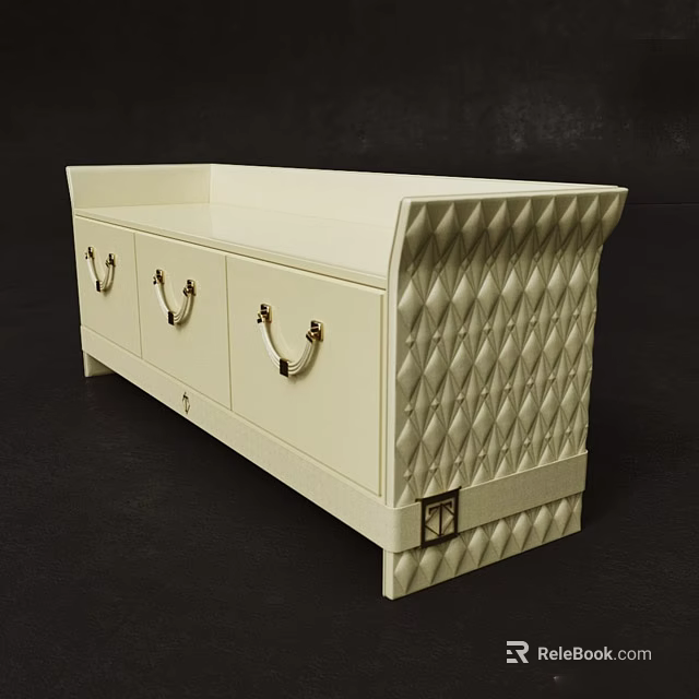 Elegant Cream White Chest of Drawers with Three Gold Handles and Diamond Pattern Texture 3d model 