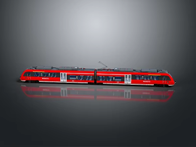 Modern Red Electric Train With Two Carriages On Grey Background And Reflection 3d model