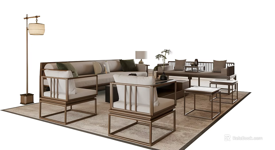 Modern Sofa Coffee Table Set With Accent Chairs Table Lamp And Area Rug 3d model