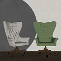White And Green Leisure Chairs With Tufted Back And Gold Metal Base Against Gray Circular Wall