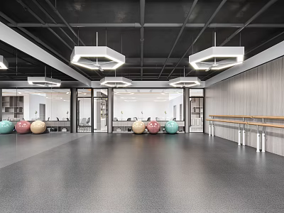 Spacious Fitness Studio With Gray Floor Hexagonal Pendant Lights Wooden Barre And Colorful Balls 3d model