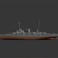 Warship Battleship Side View With Gray Upper Hull Red Lower Hull Turrets And Masts