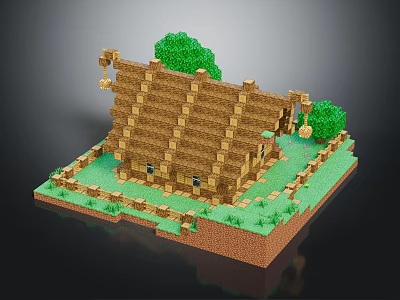 Pixel Art Wooden House With Brown Roof Green Trees And Fence 3d model