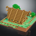 Pixel Art Wooden House With Brown Roof Green Trees And Fence