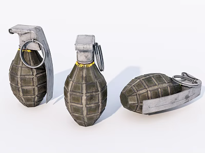 Military Hand Grenades with Metal Casings and Safety Pins on White Surface 3d model