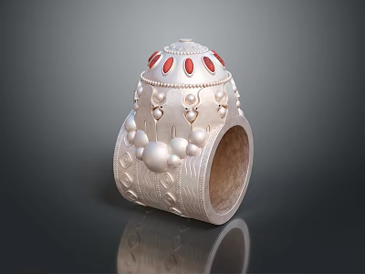 Elegant Silver Decorative Ring With Red Accents And White Bead Details 3d model