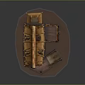 Cartoon Scene of Fairy Tale Wooden Cabin with Sloped Roof Chimney and Wooden Staircase Platform
