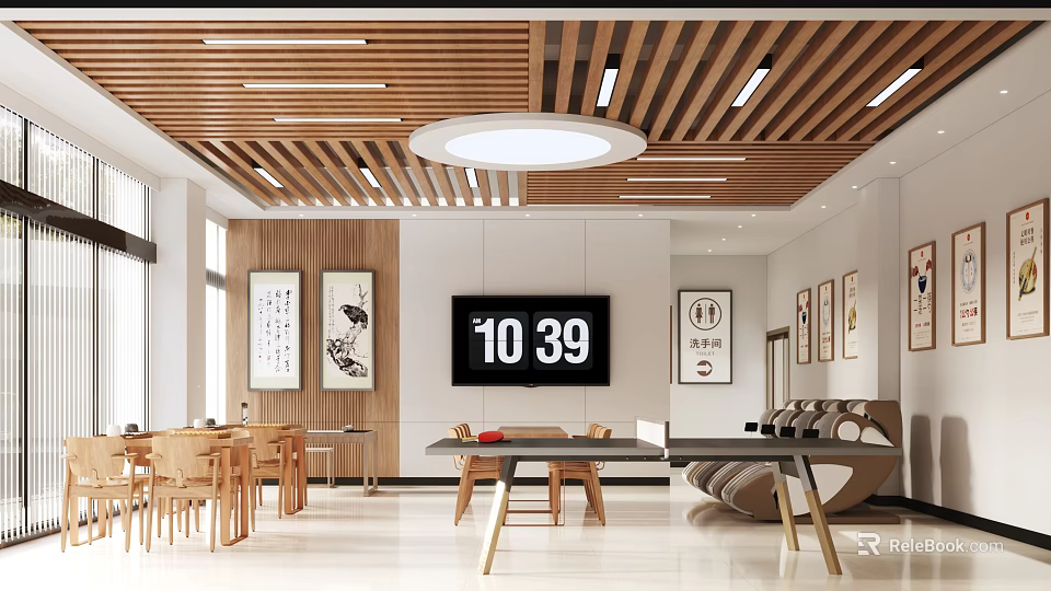 Interior Space With Wooden Slat Ceiling Circular Light TV Chinese Paintings And Furniture 3d model 