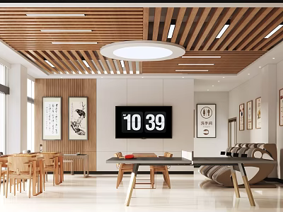 Interior Space With Wooden Slat Ceiling Circular Light TV Chinese Paintings And Furniture 3d model