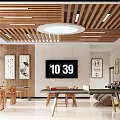 Interior Space With Wooden Slat Ceiling Circular Light TV Chinese Paintings And Furniture