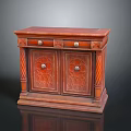 Antique Style Wooden Cabinet Featuring Carved Doors Drawers Columns And Metal Handles