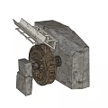 Ancient Stone Mechanical Device with Wooden Wheel Stone Structure and Metal Components