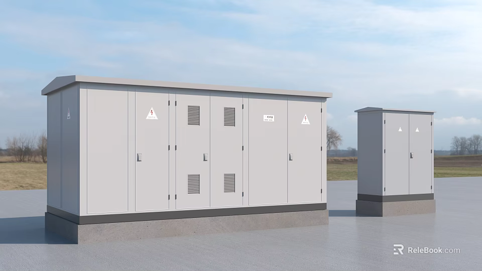 Outdoor Industrial Electrical Enclosures With Gray Finish Multiple Doors And Warning Signs 3d model 