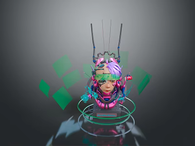 Biomechanical Character With Purple Hair Green Goggles Mechanical Antennas And Floating Green Cubes 3d model