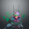 Biomechanical Character With Purple Hair Green Goggles Mechanical Antennas And Floating Green Cubes