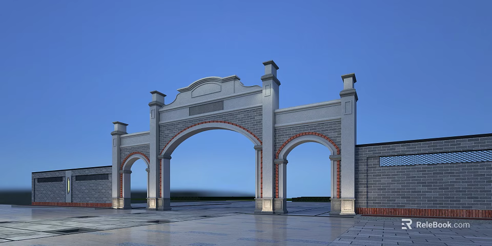 Classical Style Entrance Gate With Arched Design Symmetric Pillars And Stone Brick Walls 3d model 