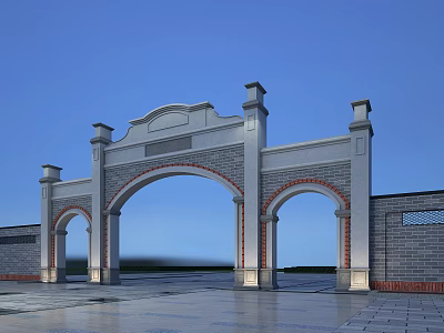 Classical Style Entrance Gate With Arched Design Symmetric Pillars And Stone Brick Walls 3d model