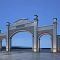 Classical Style Entrance Gate With Arched Design Symmetric Pillars And Stone Brick Walls