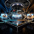 Futuristic Esports Competition Stage With Dazzling Red Neon Lights And Multiple Large Gaming Screens