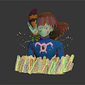 Red Haired Character In Blue Outfit With Yellow Black Striped Creature On Shoulder And Grass