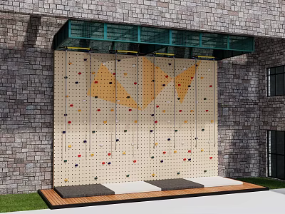 Outdoor Recreational Climbing Wall With Brick Wall Background Colorful Holds And Safety Mats 3d model