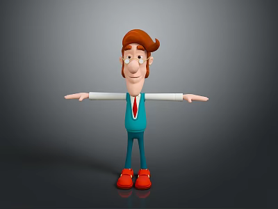 Cartoon Character With Brown Hair Glasses Blue Vest And Red Shoes Arms Outstretched 3d model