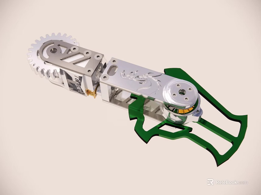 Mechanical Device Structure with Rotating Metal Gear and Green Plastic Components 3d model 