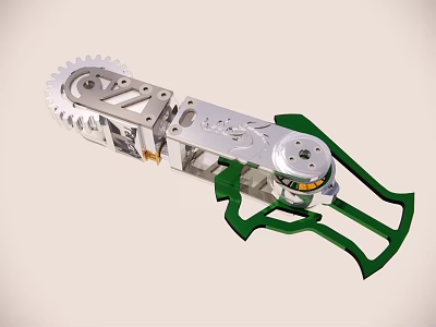 Mechanical Device Structure with Rotating Metal Gear and Green Plastic Components 3d model