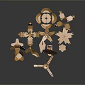 Modern Decorative Scene Featuring Golden Metal Geometric Shapes And Artistic Pieces