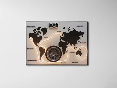 World Map Wall Art With Compass Camera LED Lights And Travel Markers 3d model