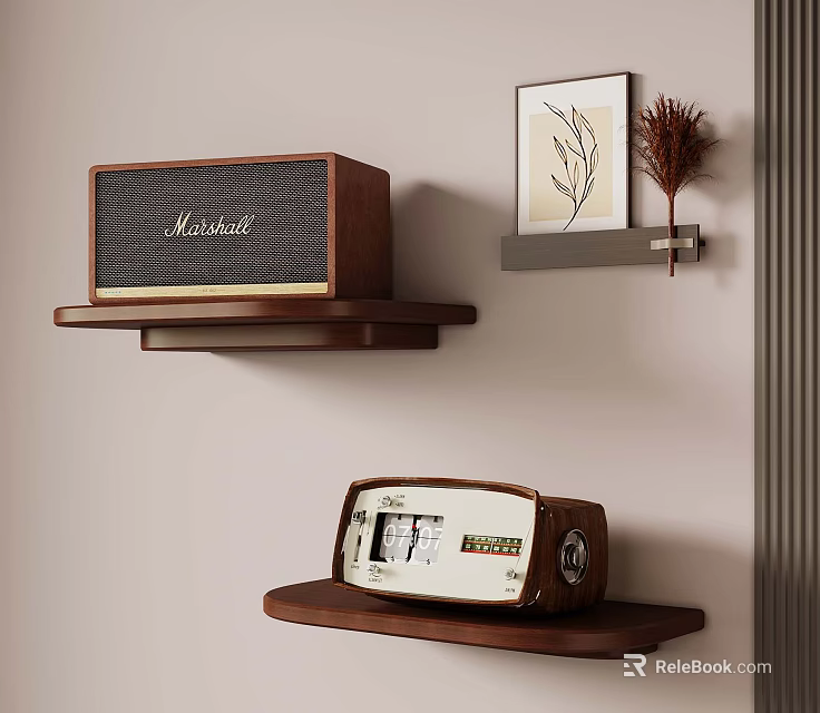 Marshall Speaker And Vintage Radio On Wooden Shelves With Wall Decor And Dried Plants 3d model 