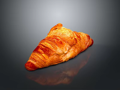 Golden Flaky Freshly Baked Croissant With Crispy Layers On Dark Reflective Surface 3d model